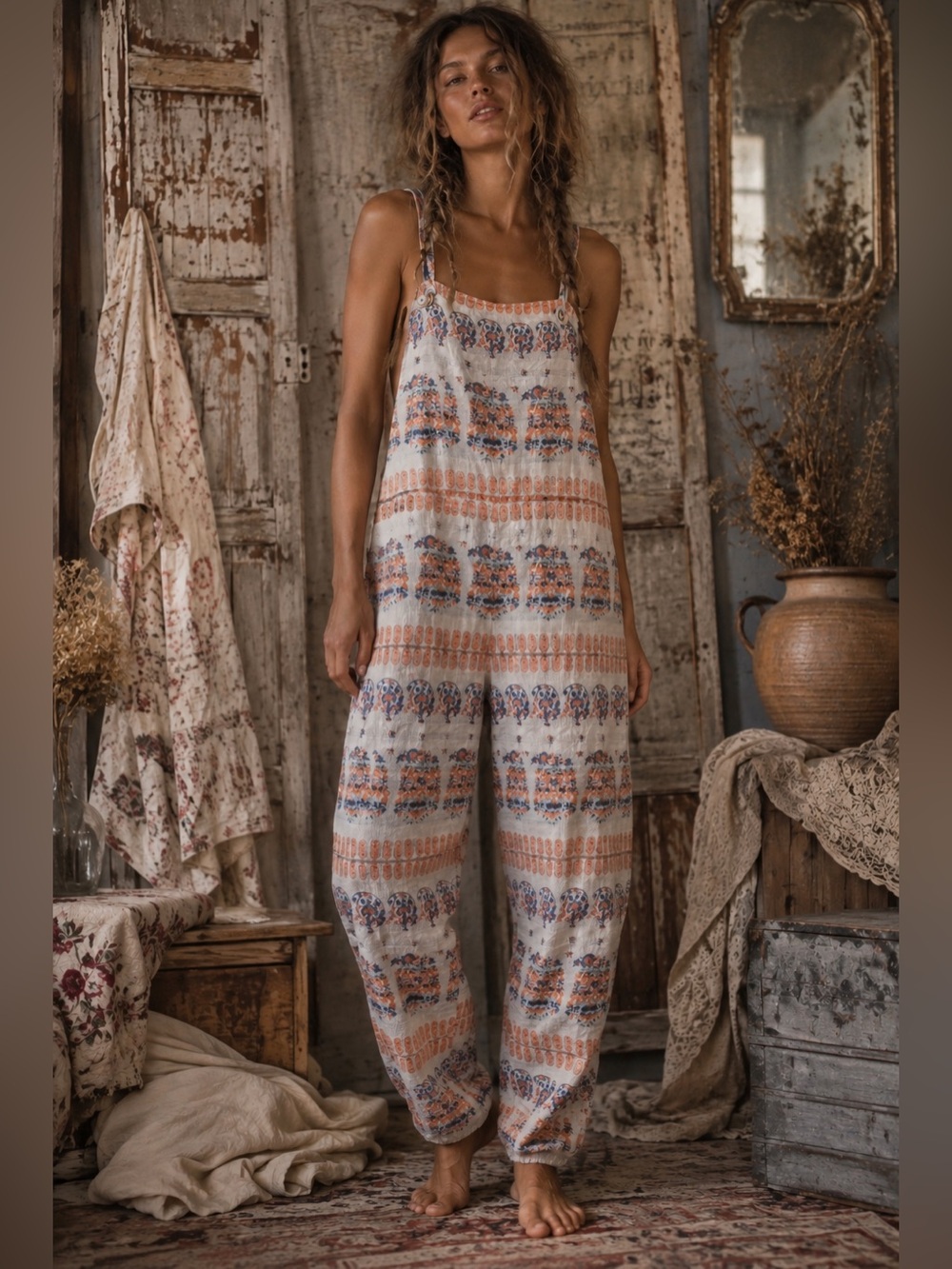 En Creme Boho Printed Jumpsuit Overalls Size Large NWT